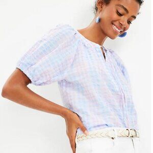 Loft Striped Tie Neck Puff Sleeve Top